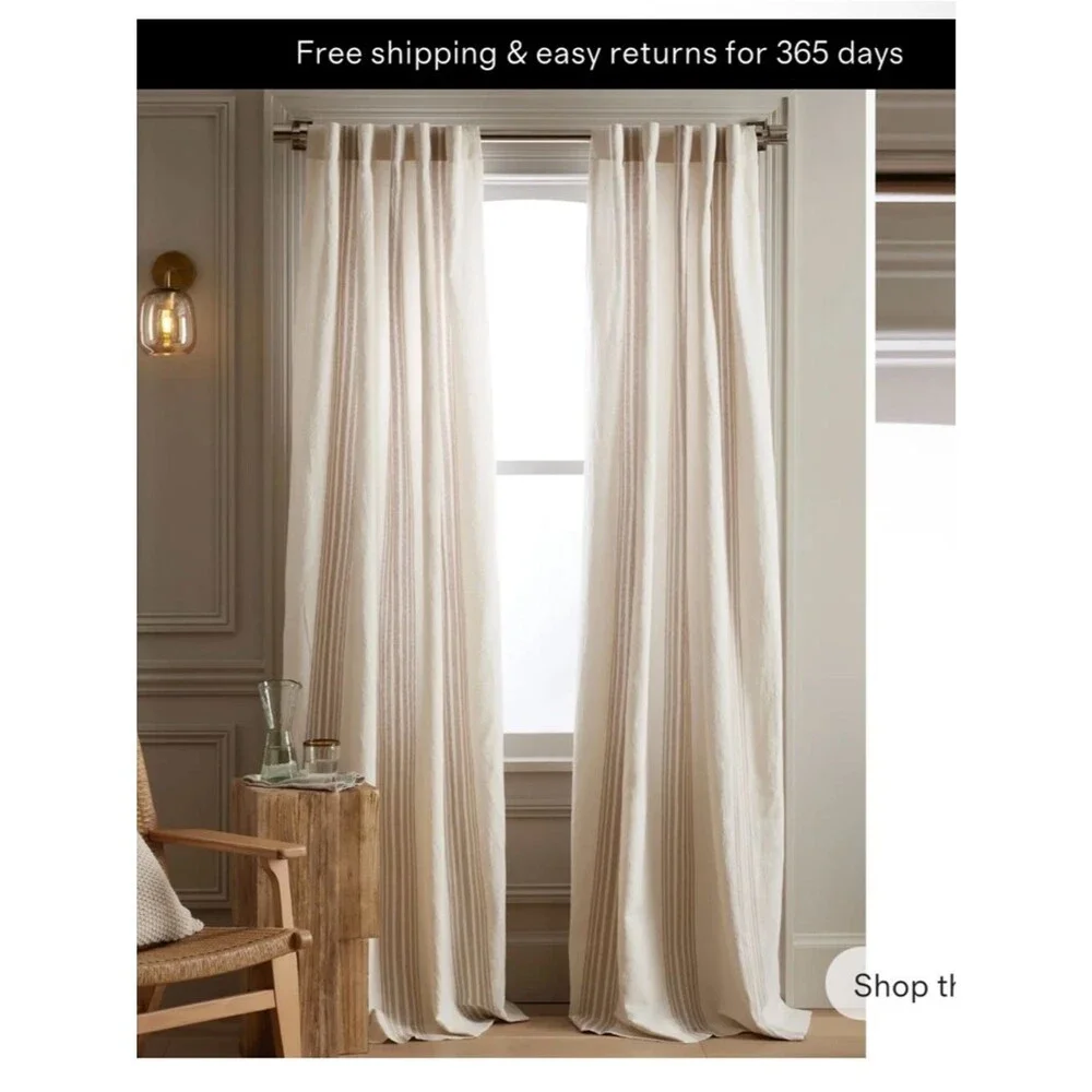 Quince Coastal Stripe Linen Cotton light Filtering Curtain 48 x 96 ivory